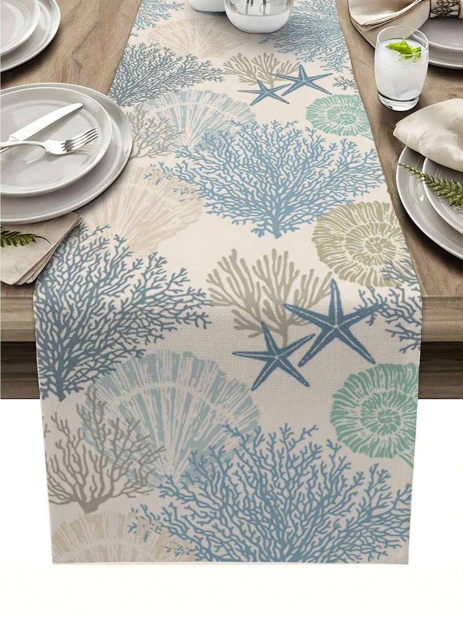 1pc Blue & White Coral Print Table Runner, Vacation Style Ocean Theme Faux Linen Woven Texture Stiff Fabric Rectangular Dining Table Cabinet Runner, Indoor Outdoor Decorative Table Runner, Suitable For All Seasons, Applicable For Daily, Wedding, Holiday Home Decor, Restaurant, Living Room, Dining Table Cabinet Decoration - Blue and White - View 1