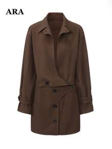 ARA CHIC Women's 2 Pieces Outfit Lapel Cropped Jacket & Asymmetric Button Mini Skirt Set,Fall Vintage Brown Co Ord Set Long Sleeve Casual Matching Suit - Brown - View 10