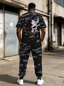 Plus Size Men's 2 Pieces Set, Men's Long Pants, Graphic T-Shirt, Streetwear Series "Camouflage Base Flame Demon Skull Print" Pattern Outfit - Polyester Fabric, Drawstring, Pockets, Suitable For Plus Size Body - Black - View 1
