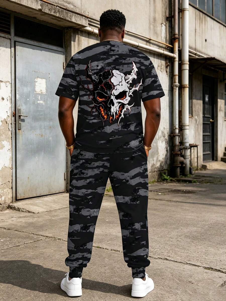 Plus Size Men's 2 Pieces Set, Men's Long Pants, Graphic T-Shirt, Streetwear Series "Camouflage Base Flame Demon Skull Print" Pattern Outfit - Polyester Fabric, Drawstring, Pockets, Suitable For Plus Size Body - Black - View 1
