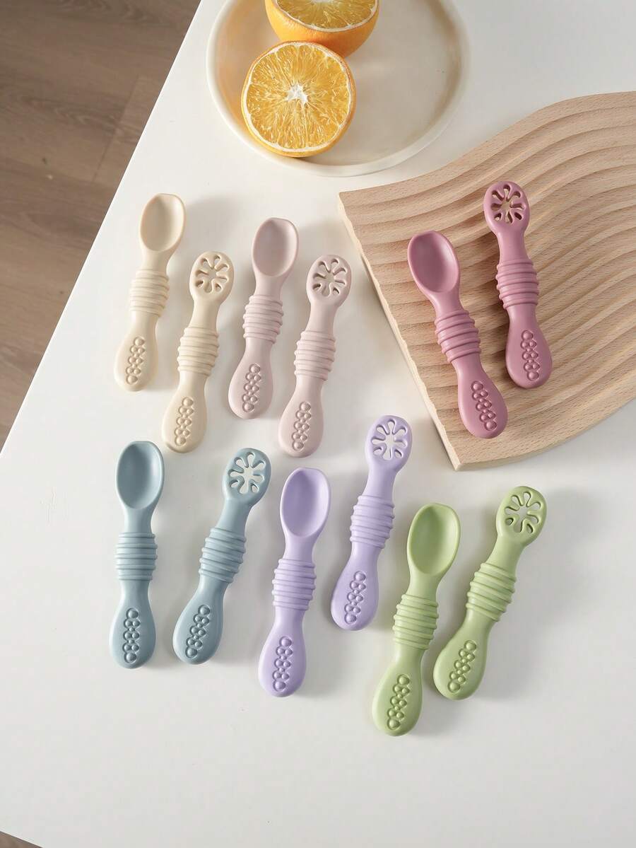 2PCS Solid Color Mini Silicone Baby Cutlery Set Easy Grip Self Feeding Spoon Utensils Easy To Clean Tableware Infant Dining Food Accessories - Multicolor - View 1