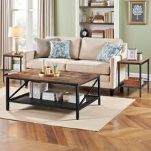 Juego de 3 piezas de mesas para sala de estar, mesa de centro industrial de 41.3 pulgadas con 2 mesas laterales cuadradas, juego de mesas de centro y laterales de fácil montaje con patas de metal, para oficina, sala de estar y apartamento - 41,3 pulg. - Ver 9