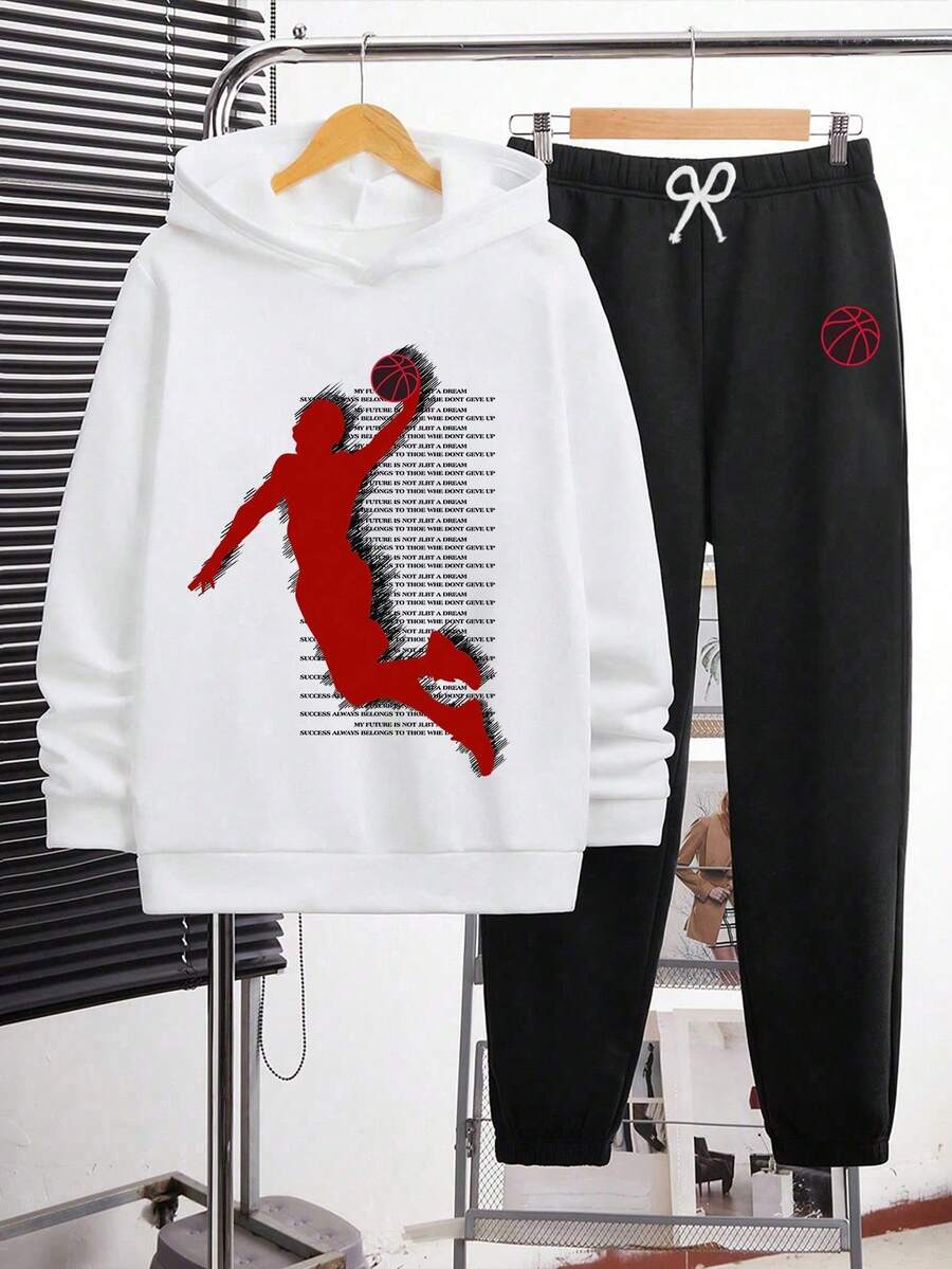 Youth Boy Letter Print Warm Hoodie And Pants Set - White - View 1