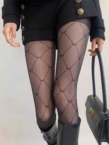 5D Plus Size Autumn Black Tights With Diamond Cross Bow Jacquard Pattern - Black - View 7