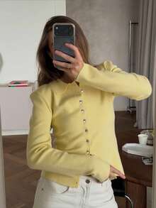 FOR BEAUTY 秋冬女款 Y2K 優雅 Polo 領鈕扣開襟純色長袖細針織開襟衫上衣 適合校園、辦公室、返校日 黃色 - 黃色 - 查看 5