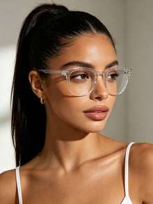 1pc Unisex Kids & Teens Square Acrylic Classic Beige Fashion Glasses, Daily Wear - Clear - View 9