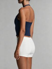 Women's Sports Casual Camisole Tank Top With Padded Cups, Spaghetti Strap Backless Ruched Solid Color Basic Top, Suitable For Yoga, Gym, Running, Workout, Daily Wear - Navy Blue - View 7