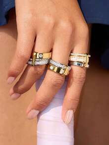 Uself 2pcs/1pc Luxury 18k Gold & Silver Two-Tone Stainless Steel Rings, Women's Waterproof Design Statement Rings, Stackable Jewelry, Gift For Her - Multicolor - View 2