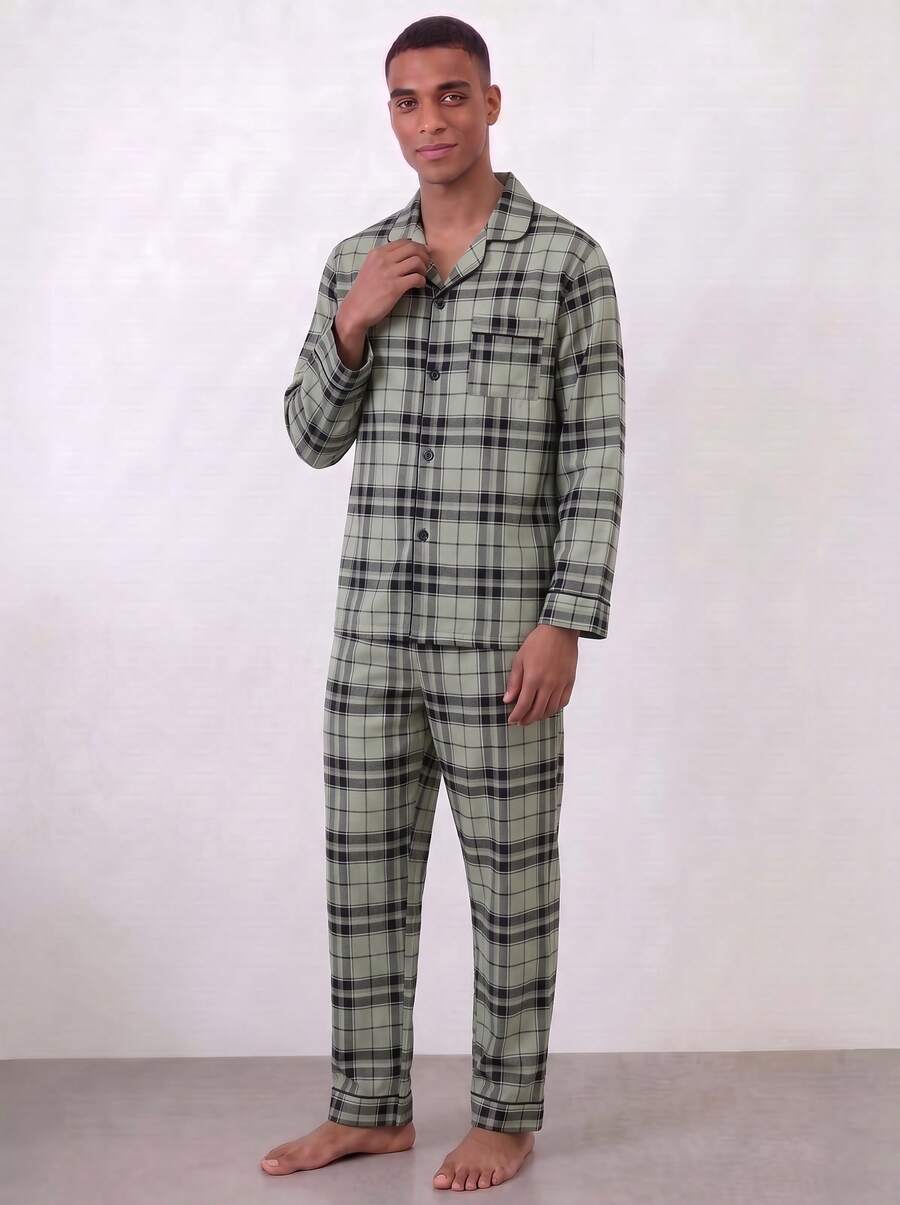 Snug League 男士轻薄翻领开襟格子印花长袖睡衣套装,休闲简约英伦风家居服,秋冬款 - 彩色 - 查看 1