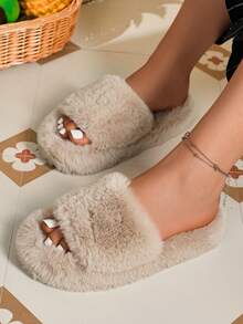 Women's Fashion Solid Color Bedroom Slippers, Minimalist Casual Design, Plush Slippers, Autumn/Winter - Grey - View 2