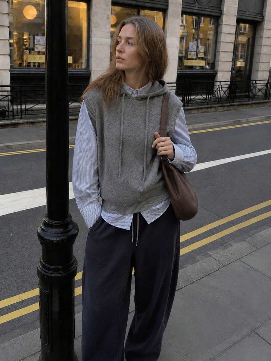 Atasan Sweater Rajut Wanita Polos Minimalis Kasual dengan Tudung, Musim Gugur/Musim Dingin - Grey - View 1
