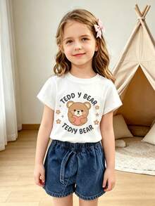 Summer/Autumn Cotton Short-Sleeved T-Shirt For Girls, Featuring A Cartoon Teddy Bear Hugging A Heart Print, In A Cute And Sweet Style - White - View 3