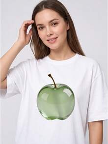 Women Lightweight Round Neck Inspirational Casual T-Shirt For Spring Summer, Fancy Design With Green Glass Apple Ornament Pattern - 白色 - 查看 3