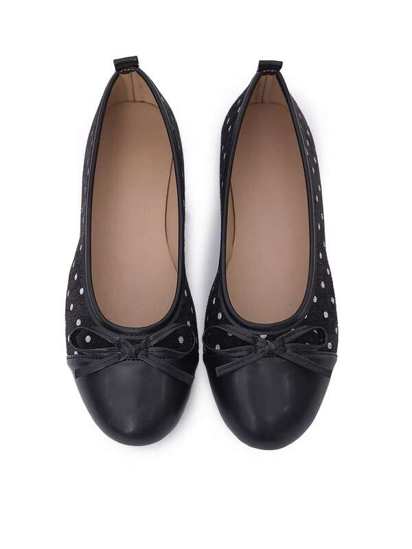 Teenage Round Toe French Polka Dot Bow Slip-On Black Ballet Shoes, Suitable For All Seasons, Commuting, Shopping, Walking