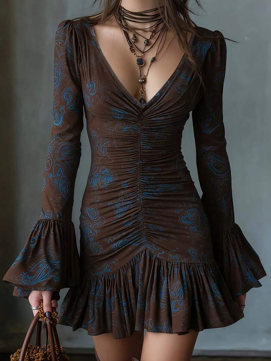 Women's Vintage Brown Knit Deep V-Neck Dress, Ruffle Hem, Long Sleeve Fitted Mini Dress, Suitable For Autumn Wear - Brown - View 1