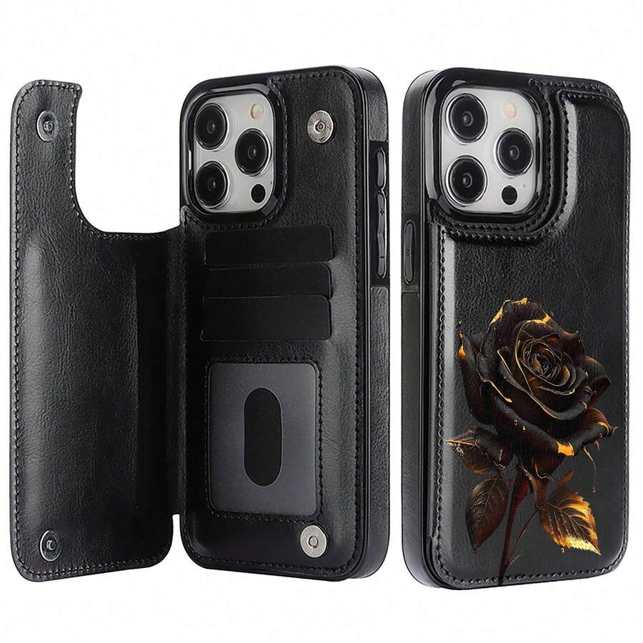 Magnetische Flip-Handyhülle mit schwarzem Gold-Rose-Muster, Wallet-Handyhülle mit Kartenschlitz, PU-Kunstlederhalter-Kartenschlitz-Schutzgehäuse, Doppelmagnetverschluss, kompatibel mit IP 17 Pro Max/17 Air/16 Pro/15/14 Plus/13 und 12. Haltbares Handyhülle aus imitiertem Leder, das Kredit- und Wohnkarten aufnimmt. - Schwarz - Übersicht 1
