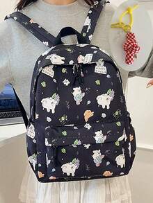 1/5pcs Cute Cartoon Print Student Backpack, Pure Pink Floral Pattern, Lightweight Polyester Fabric, Casual Campus Style, All-Season Wear, Unisex Adult Size, Large Capacity, Suitable For Daily Commute, Travel And Back To School - Multiple Styles - View 10