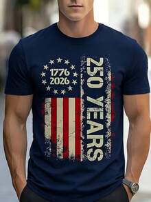 1pc Men'S Cotton Crew Neck-Shirt With Stars And Stripes We People Print, Casual All-Season Short Sleeve Tee With Slight Stretch, Regular Fit For Men - 藏蓝色 - 查看 1