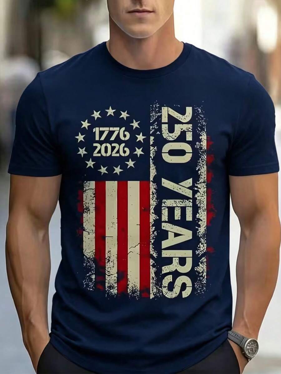 1pc Men'S Cotton Crew Neck-Shirt With Stars And Stripes We People Print, Casual All-Season Short Sleeve Tee With Slight Stretch, Regular Fit For Men - 藏蓝色 - 查看 1