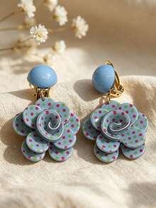 1 par de clips de oreja vintage lindos con lunares y flores, pendientes geométricos florales dulces sin perforación, regalo de joyería para vacaciones en la playa - acortar - Ver 17