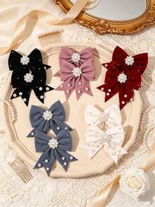 10pcs Minimalist Multi-Color Fishtail Bow Hair Clips, Pearl & Rhinestone Decorated Hair Clips, Teacher's Day Gift, Girls Daily School Wear Hair Accessories - Multicolor - View 1