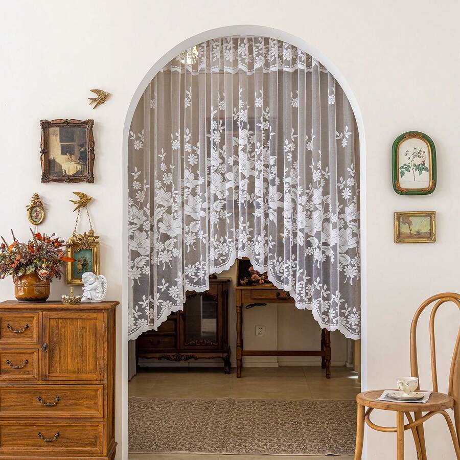 1pc Country Style White Bird Embroidery Lace Short Curtain Valance, Suitable For Kitchen, Dining Room, Small Window, Half Curtain, Rod Pocket Top - White - View 1