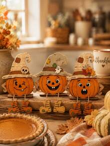 3pcs/1pc-Halloween Thanksgiving Wooden Pumpkin Ornament Plaques,Thanksgiving Decorations,Halloween Party Supplies,Room Decor,Thanksgiving Home Decor,Table Centerpiece,Harvest Festival Decor,Desk Decorations, Window Decorations,Fall Mantel Decor - Multicolor - View 7