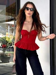 Red Crop Halter Tops For Women Ruffle Peplum Backless Camisole Top Summer Ruched Sleeveless Tie Top Woman Bustier Slim Fit Going Out Club Outfits - Red - View 3