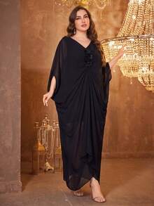 V-Neck Batwing Sleeve Handmade Beaded Floral Sequin Party Split Formal Evening Gown - Black - View 3