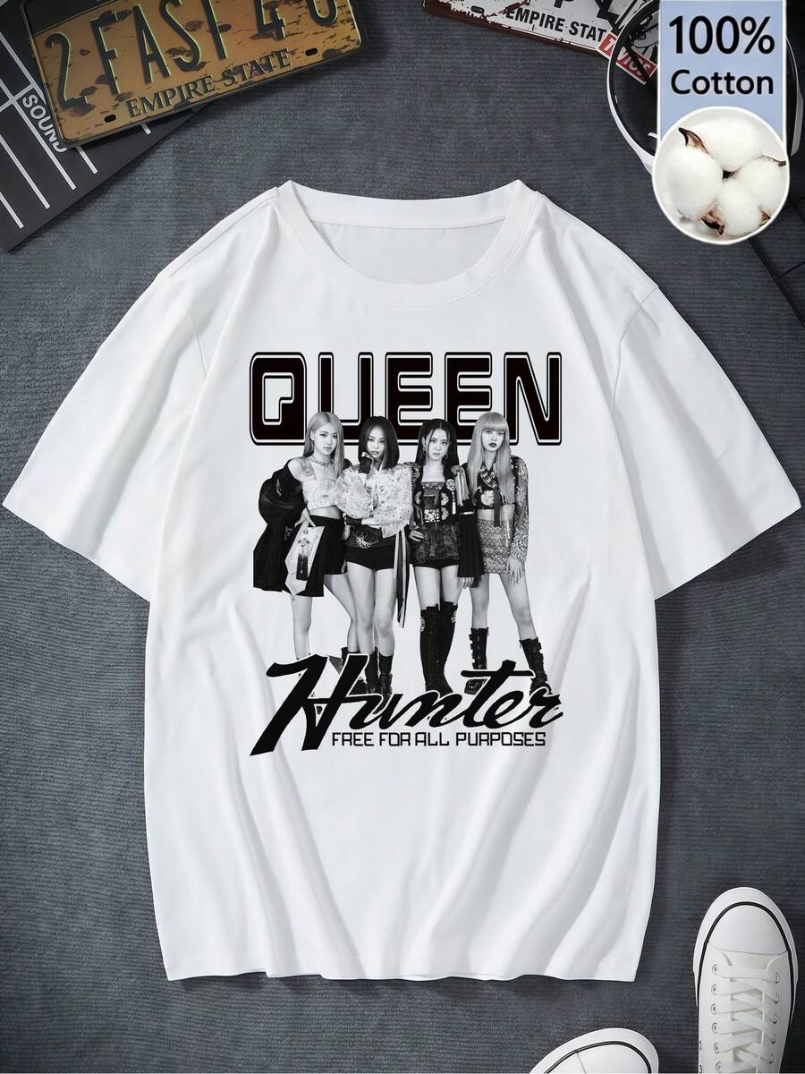 Women's Retro Y2K Queen Hunter K-Pop Girl Group Black&White Vintage Portrait Graphic Print White Cotton Short Sleeve T-Shirt Summer Casual Regular Fit - White - View 1
