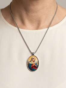 Religious Virgin Mary Pendant Necklace, Stainless Steel Oval Printed Virgin Mary Medal Box Chain, Christian Faith Jewelry, Gift For Women And Girls - Silver - View 9