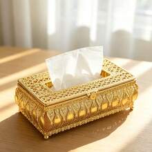Vintage Gold Hollow Filigree Metal Tissue Box Cover, Rectangular Hollow Lace Napkin Holder With Ball Feet, Luxury Decorative Tissue Box For Bedroom, Coffee Table, Bathroom, Home Desktop Decoration - Gold - View 6