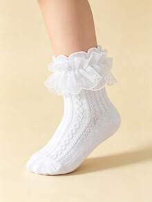 1 Pair Cotton Baby Girl Toddler Solid Color Lace Trim Socks, Princess Style Dance Socks, Short Socks - White - View 2