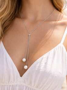 RAYQUEEN 1pc Stainless Steel Minimalist Long Snake Chain Faux Pearl Pendant Necklace, Versatile Sweater Chain For Women, Suitable For Daily Wear - Long Necklace - View 10