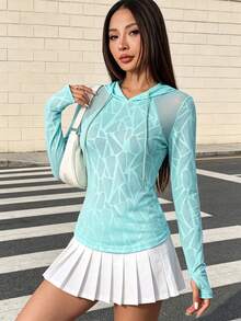 1pc Autumn/Winter Lightweight Mesh Patchwork Design Hooded Long Sleeve Lightweight Sweatshirt Fitness Wear For Outdoor Hiking And Training Sports - Green - View 4