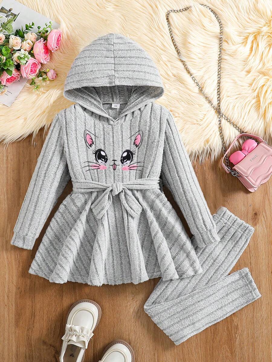 Conjunto de vestido con capucha de manga larga acanalada y leggings con bordado de dibujos animados para niña - Gris - Ver 1