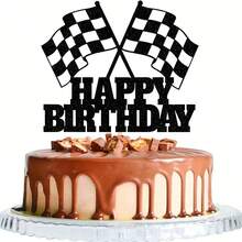 Universal 1pc Shiny Racing Cake Decoration Card With Checkered Flag, Racing Themed Birthday Party Decoration Supplies - Multicolor - View 4