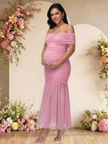 JustVH Elegant Maternity Open Shoulder Ruched Fitted Mermaid Skirt, Suitable For Baby Shower, Photoshoot, Evening Party, Autumn Wear Fall - Baby Pink - View 4
