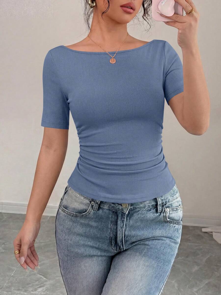 PRETTYGARDEN Women's Spring Fall Long Sleeve Shirts Crop Going Out Tops Casual Boat Neck Bell Sleeve Ribbed Ruched Y2K Clothes - 藍灰色 - 查看 1