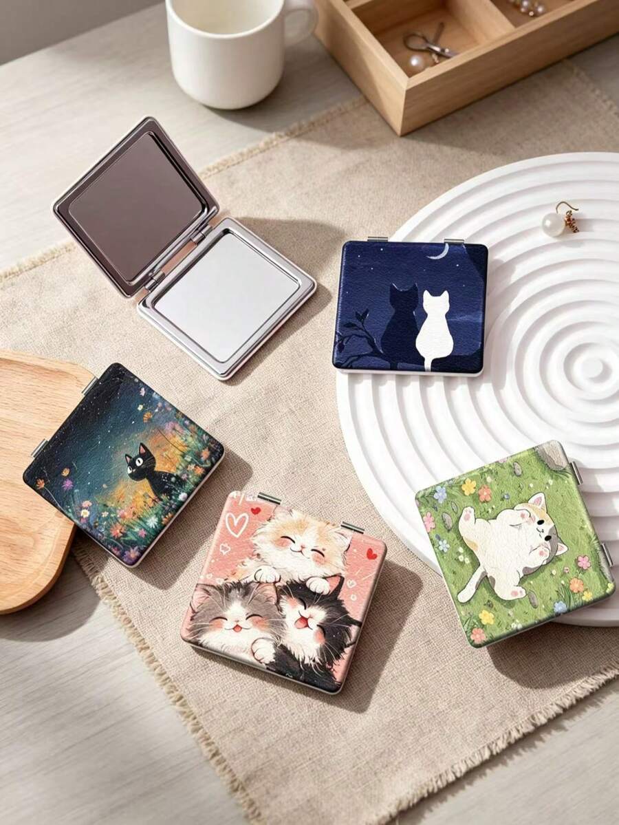 1PC Pastoral Cat Pet Series Portable Foldable Lightweight Ultra-Thin Convenient Durable PU Leather Suitable For Multiple Scenarios All People Foldable Small Square Mirror Portable Fresh Moon Heart Flower Cat Pattern Design Exquisite Delicate Foldable Structure Durable Reliable Drop-Resistant Easy To Carry Handheld 180° Flip Cover Multi-Functional Daily Holiday Birthday Valentine's Day - Multicolor - View 1