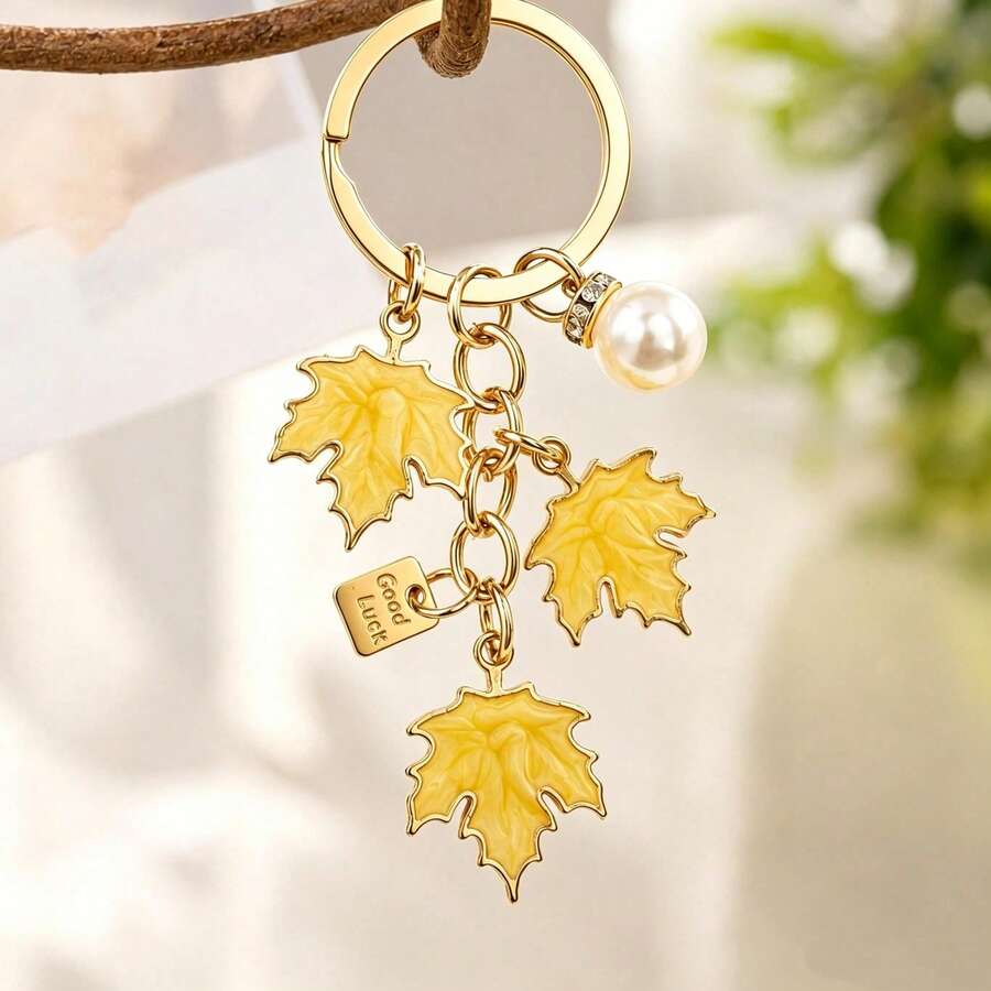 1件女款新款手工落楓葉鑰匙圈油滴包飾吊墜配件，適合好朋友與情侶 - 彩色 - 查看 1