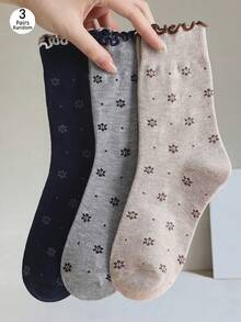 3 Pairs Multi-Size Women's Mid-Calf Socks, All-Season Vintage Ins Style, Full Body Floral Polka Dot Ruffle Lace Trim, Sweet Girl Luxury Style Women's Socks, Vintage Slouch Socks, Random Color - Multicolor - View 5