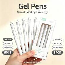 5 Buah Pulpen Gel Minimalis Putih yang Dapat Ditarik, Ujung ST, Tinta Cepat Kering 0.5mm, Anti Luntur, Alat Tulis Sekolah, Siswa, Ujian, dan Ballpoint - Bulat - View 2
