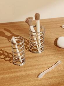 1pc Metal Desktop Organizer Rack, Hollow Makeup Brush Holder, Bathroom Storage Drain Rack Home Bathroom Decor Fall Decor Back To School - Silver - View 4