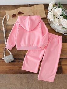 Girls Pink Hooded Sportswear Set, Pony Embroidery Zip-Up Jacket + Wide Leg Pants 2 Pieces Set, Children Casual Versatile Outwear - Pink - View 3