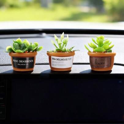 3pcs Car Dashboard Mini Potted Plants Set, Realistic Design, No Leaf Drop, Compact Size, Doesn't Block View, Premium Interior Decor