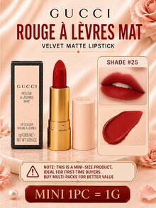 Gucci Matte Lipstick #25, Full Size 3.5g, Sample 1g, Velvet Matte Texture, Smooth & Moisturizing, Highly Pigmented, Long-Lasting & Smudge-Proof, Easy To Apply, Suitable For Beginners - Velvet 25 - View 14