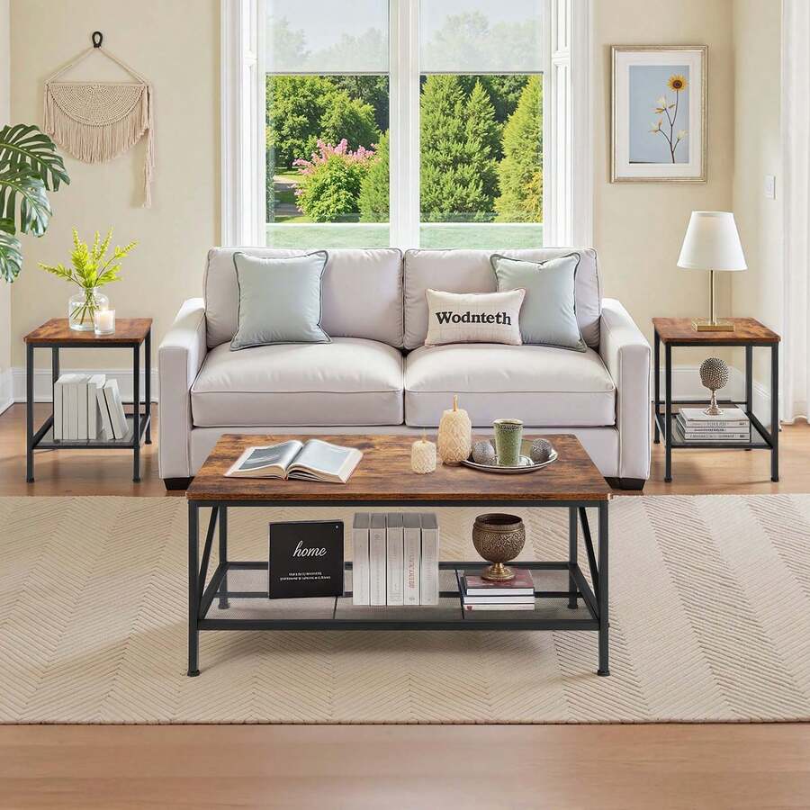 Juego de 3 piezas de mesas para sala de estar, mesa de centro industrial de 41.3 pulgadas con 2 mesas laterales cuadradas, juego de mesas de centro y laterales de fácil montaje con patas de metal, para oficina, sala de estar y apartamento - 41,3 pulg. - Ver 1