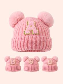 1pc Pink Kids Hat 26 Letters Baby Knitted Cap Boys Girls Warm Beanie Suitable For Outdoor Travel Daily Wear - Pink Gold Logo On Crown - Pink Double Ball Cap - View 3
