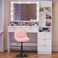 Devoko Modern Vanity Table With Mirror, LED Lighting With 3 Color Modes, 5 Drawers, Open Shelves, Jewelry Hooks And Integrated Power Outlet, Dressing Table For Bedroom, White - 查看 1